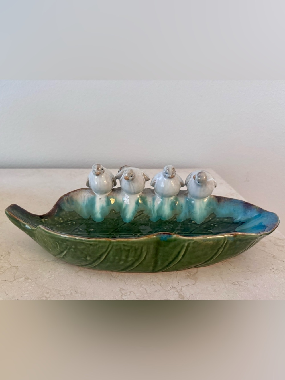 Pier 1 Green and Aqua Ceramic Bird Dish